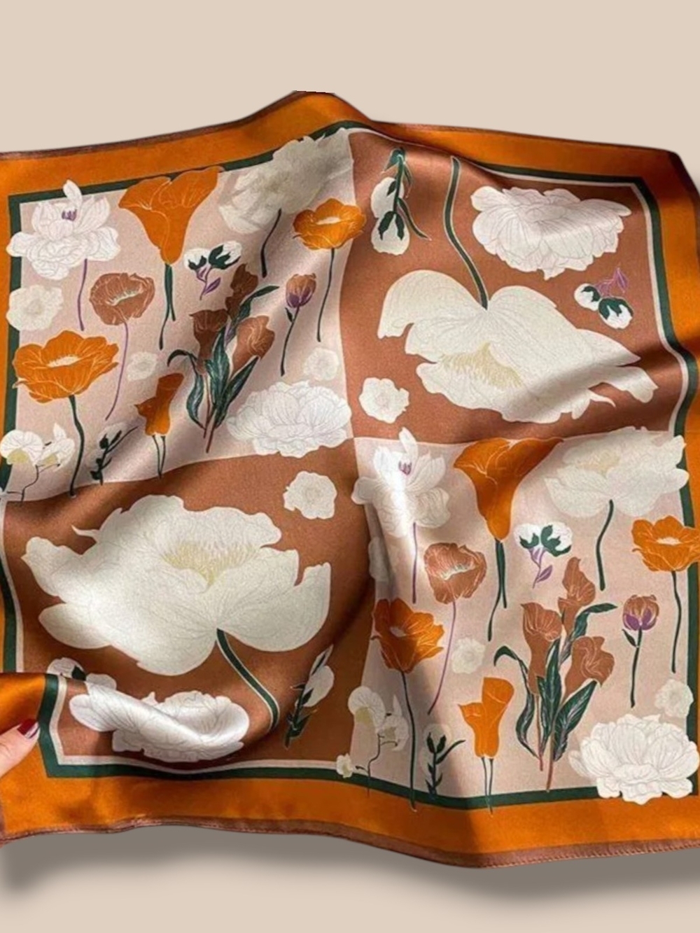 🧣Floral Silky Square Scarf in Burnt Orange, Cream And Green